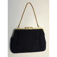 VINTAGE *NEW* 1960's Fancy Beaded Purse Dark Blue with Bronze Strap