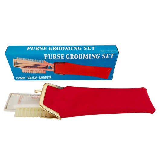 VINTAGE *NEW* 1970's Purse Grooming Set Brush Comb Mirror with Red Case