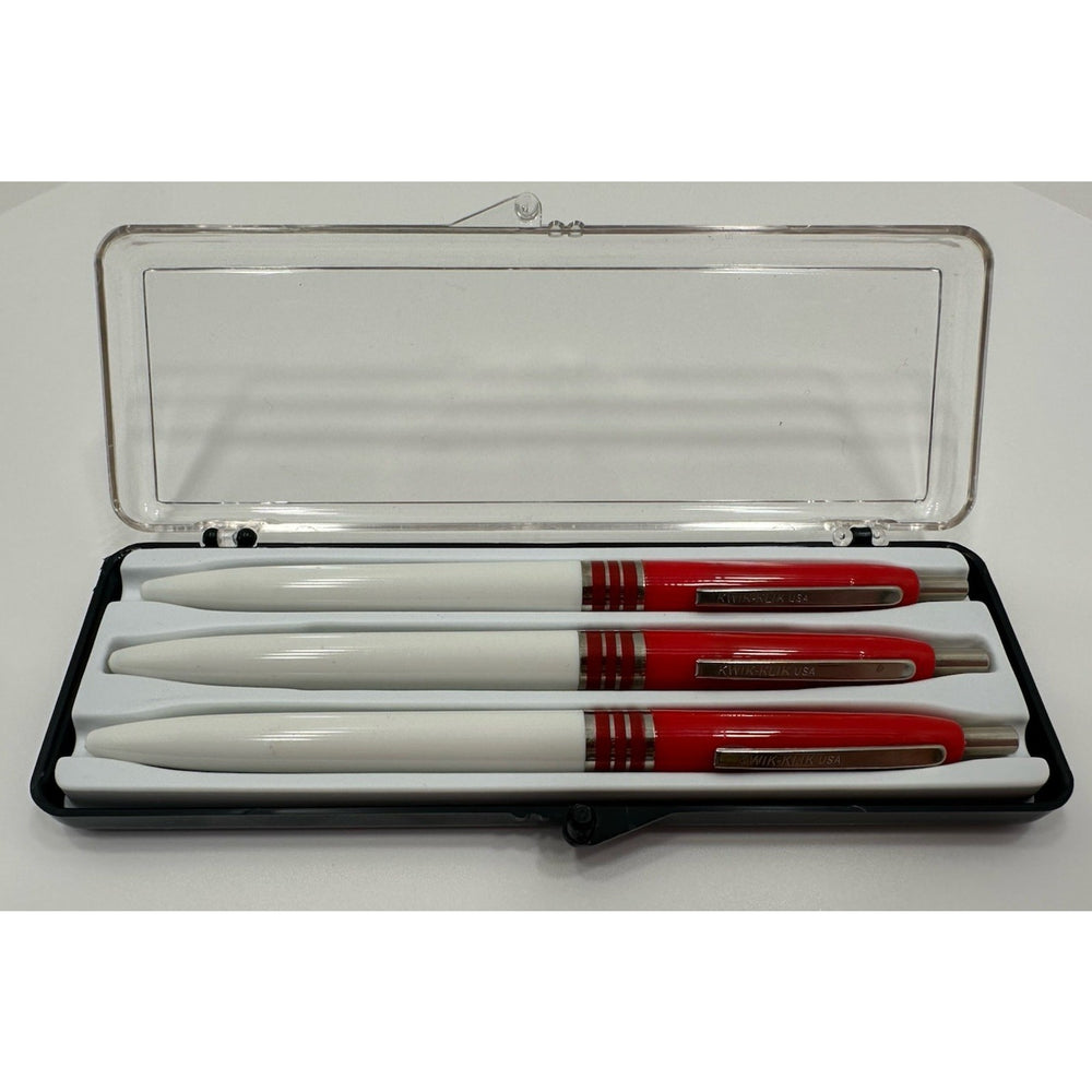 VINTAGE *NEW* Set of 3 Kwik Klik Ballpoint Pens in Case Red/White USA