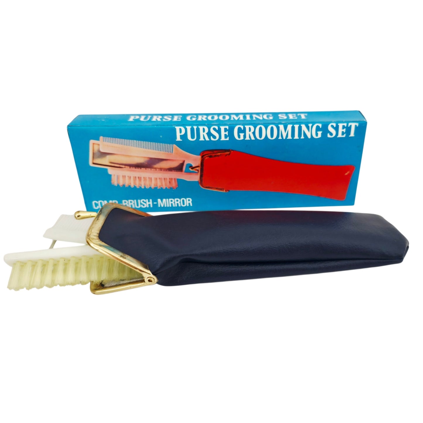 VINTAGE *NEW* 1970's Purse Grooming Set Brush Comb Mirror with Navy Blue Case