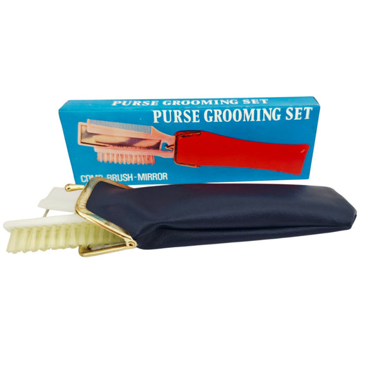 VINTAGE *NEW* 1970's Purse Grooming Set Brush Comb Mirror with Navy Blue Case
