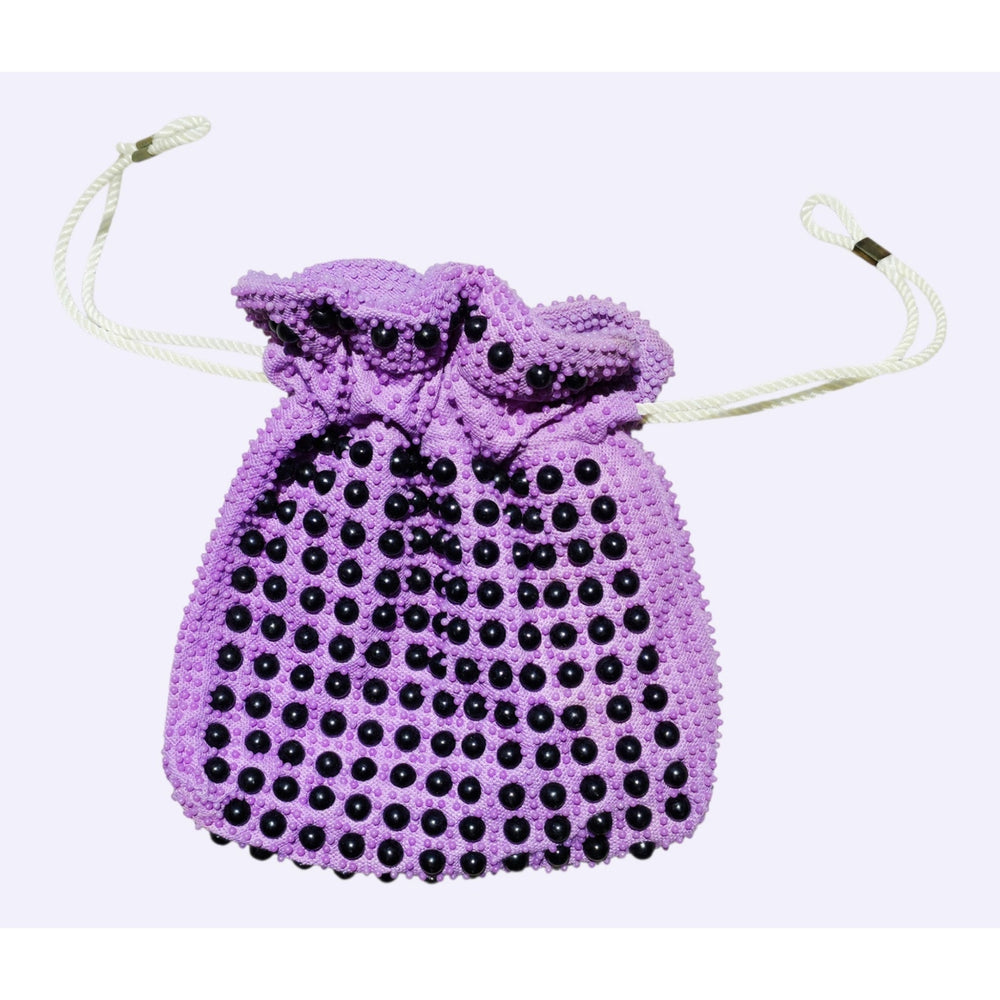 VINTAGE *NEW* 1960's Purple and Black Beaded Cinch Purse