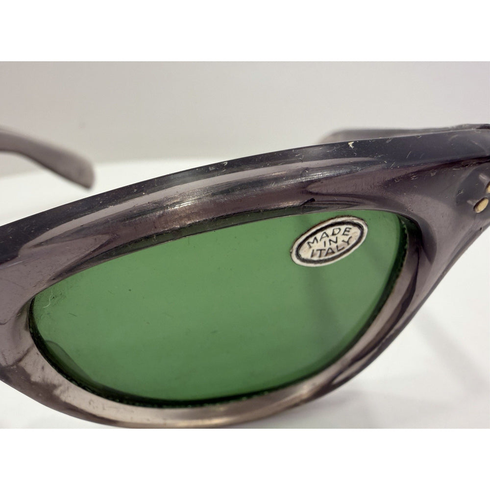 VINTAGE *NEW* 1960's Glam Unisex Sunglasses Gray Rnd Frame/Green Lens ITALY