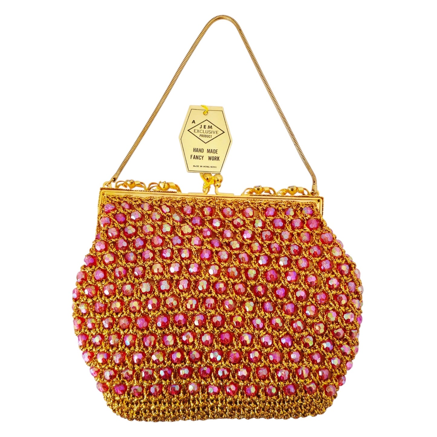 VINTAGE *NEW* 1960's Hand-Made Fancy Beaded Purse Pink with Gold Strap