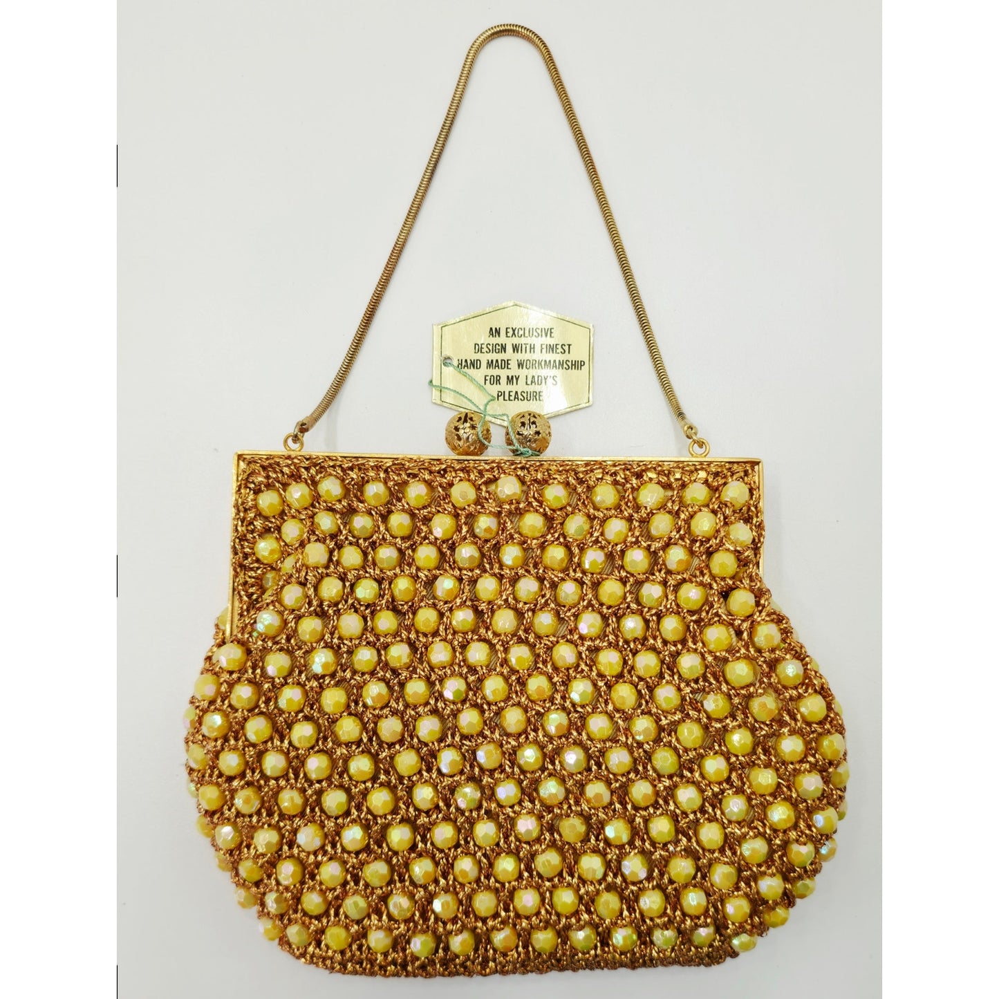 VINTAGE *NEW* 1960's Hand-Made Fancy Beaded Purse Yellow with Bronze Strap