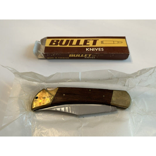 VINTAGE *NEW 1970's Bullet Knife with Wooden Handle and Brass Trim 5" Blade