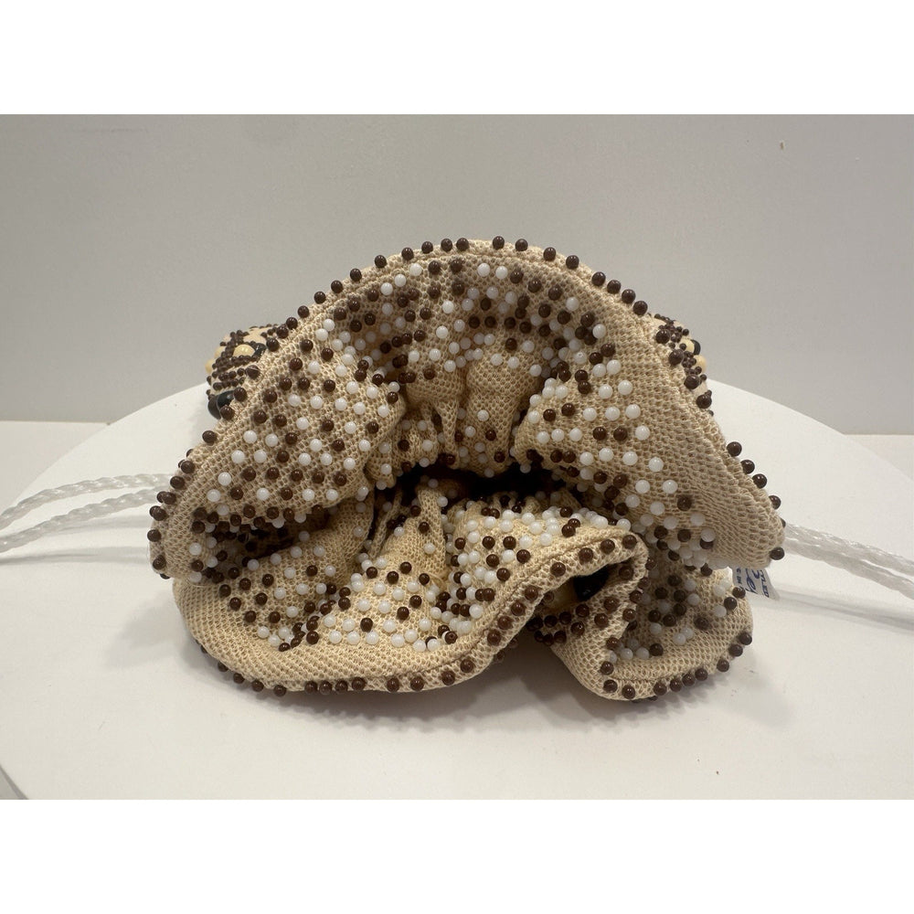 VINTAGE *NEW* 1970's Hand-Beaded Cinch Purse in Taupe with Black/White Beads