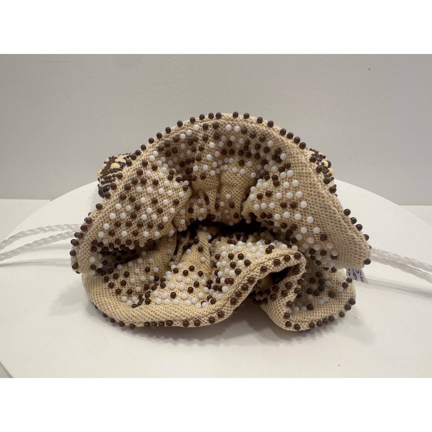 VINTAGE *NEW* 1970's Hand-Beaded Cinch Purse in Taupe with Black/White Beads