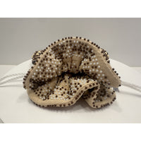 VINTAGE *NEW* 1970's Hand-Beaded Cinch Purse in Taupe with Black/White Beads
