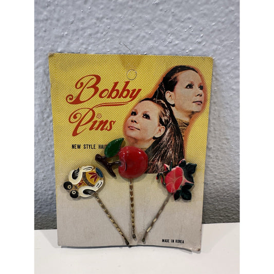 VINTAGE *NEW* 1960's Hand Painted Hair Bobby Pins On Card