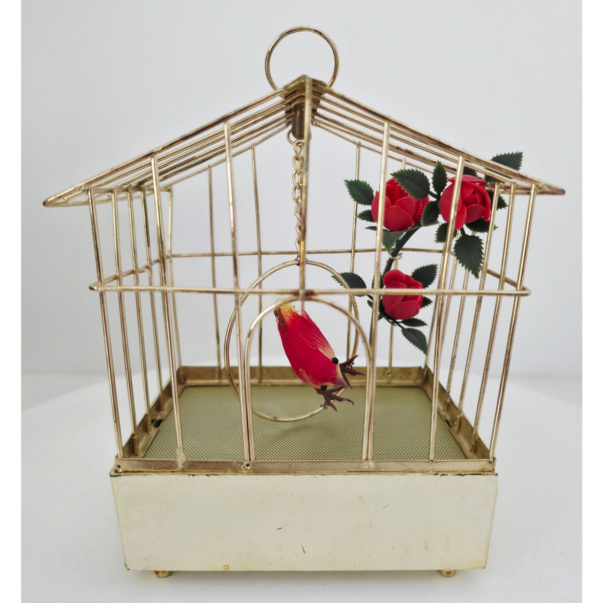 VINTAGE *PRISTINE* 1960's Red Electronic Musical Bird in Cage Battery Operated