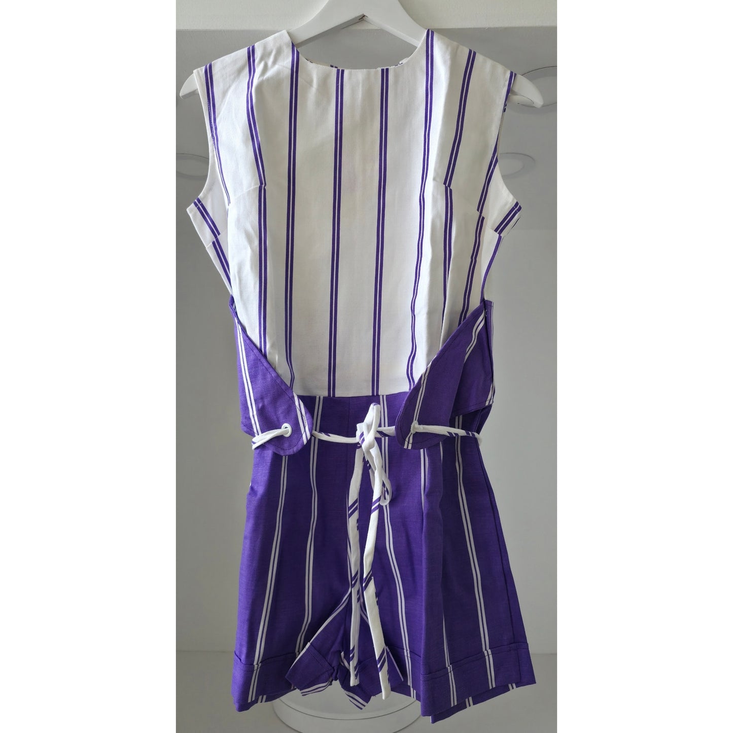VINTAGE *NEW* 1960's Purple & White Stripe Waist Tie Romper Size 14 Japan