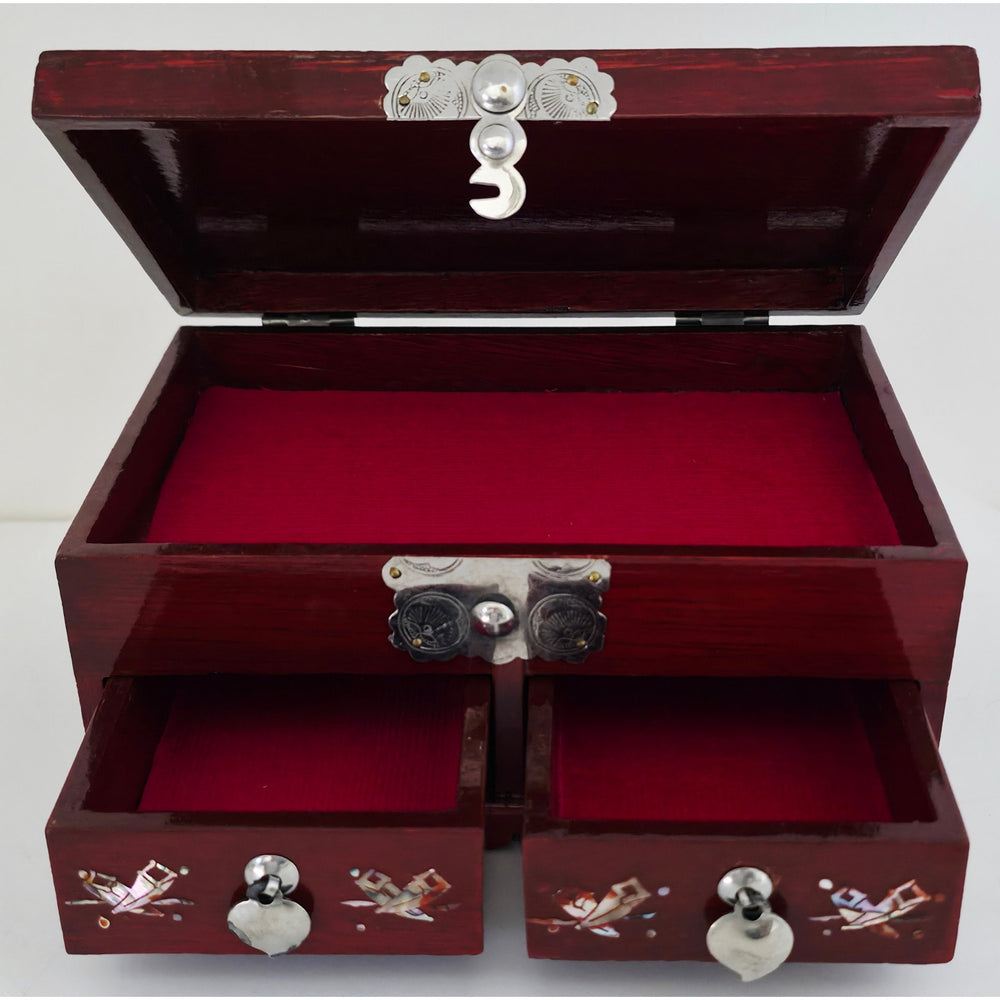 VINTAGE *NEW* 1970's Cherry Brown Wooden Jewelry Box with Ornamental Design