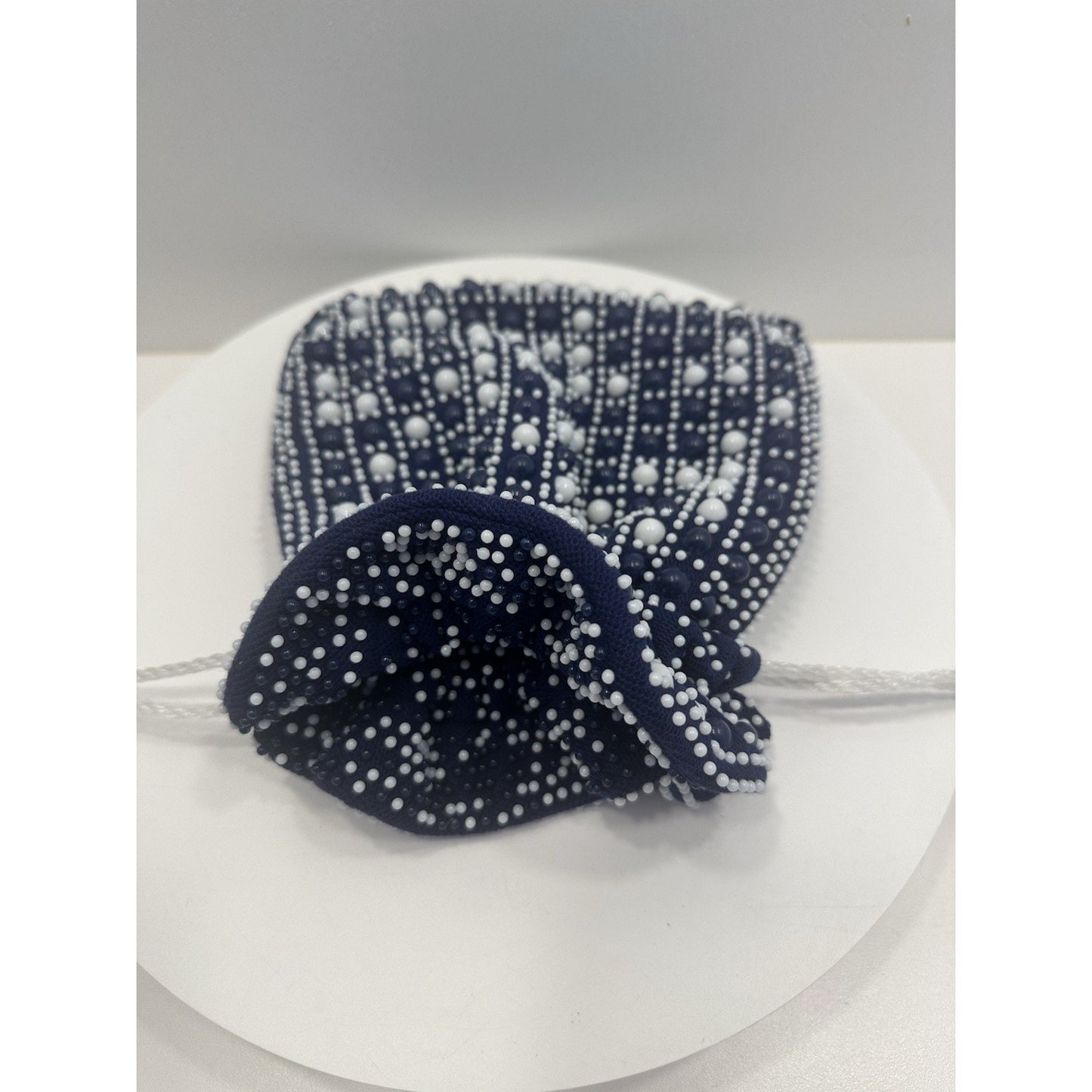 VINTAGE *NEW* 1970's Hand-Beaded Cinch Purse in Navy with White Beads