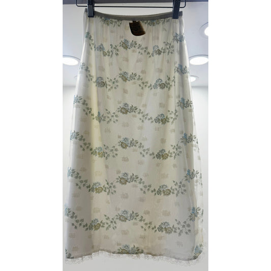 VINTAGE *NEW* 1960's Women's White with Green & Blue Flowers Slip Skirt Sz S/M