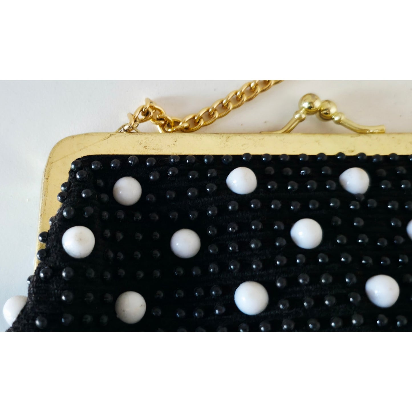 VINTAGE *NEW* 1960's Black and White Beaded Clutch Purse with Gold Chain