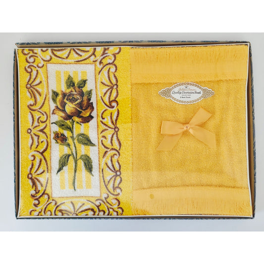 VINTAGE *NEW* 1960's Golden Crown Decorative Guest Towels Yellow w/Flowers Set 2