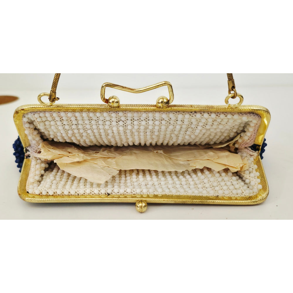 VINTAGE *NEW* 1960's Fancy Beaded Purse Blue with Bronze Strap