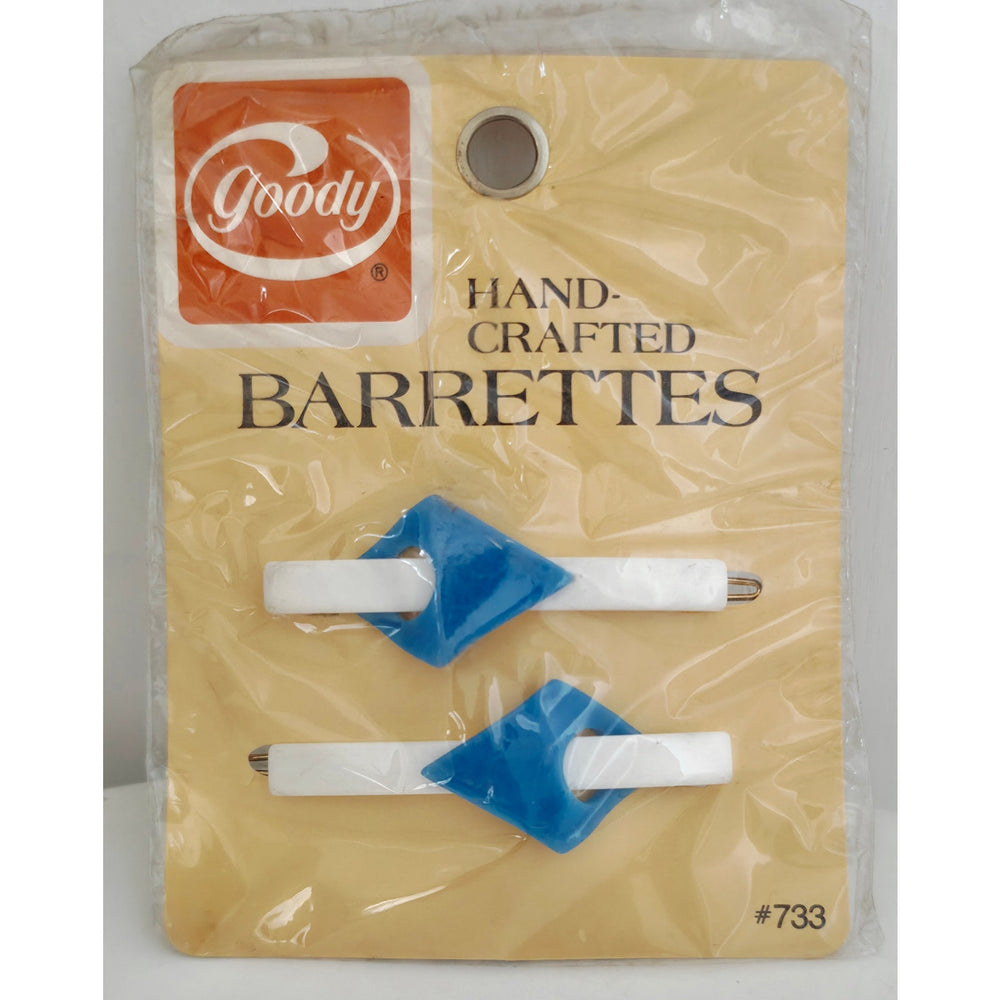 VINTAGE *NEW* 1982 Goody #733 White & Blue Hand Crafted Barrettes Set of 2 USA