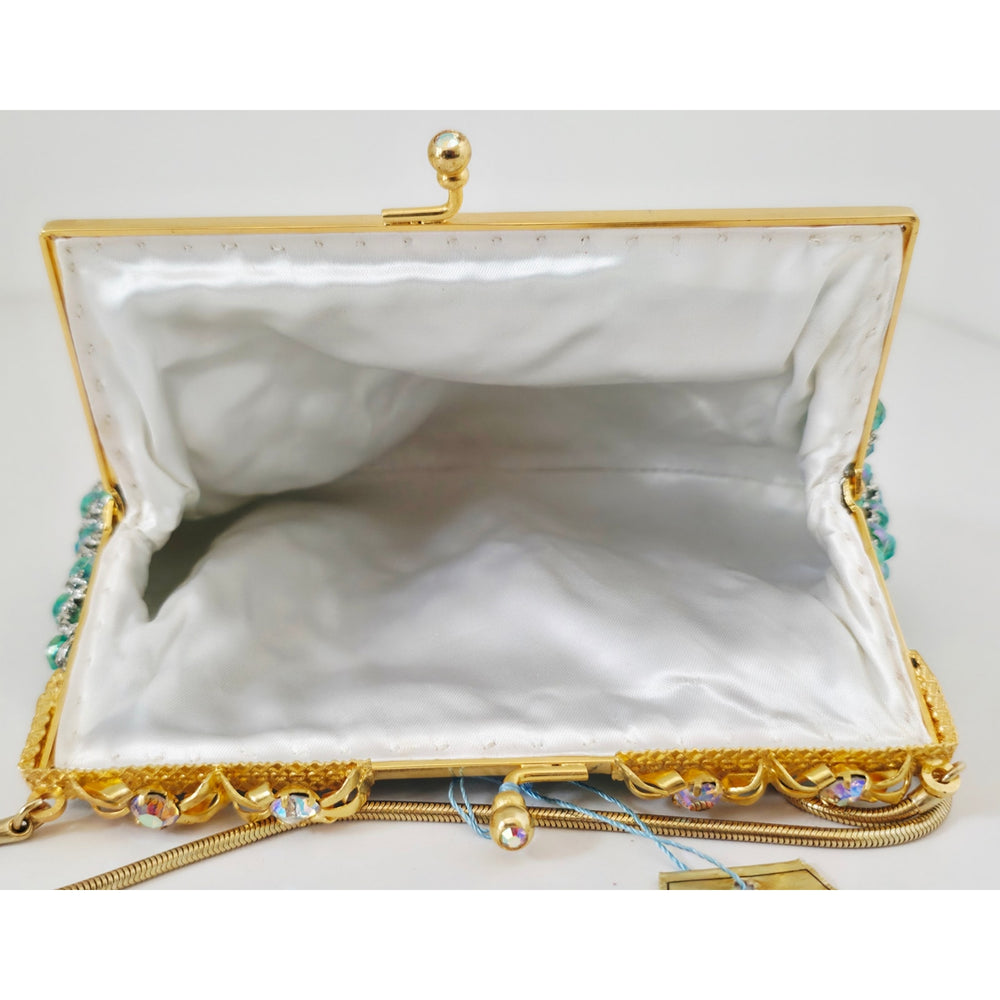 VINTAGE *NEW* 1960's Hand-Made Fancy Beaded Purse Green with Gold Strap