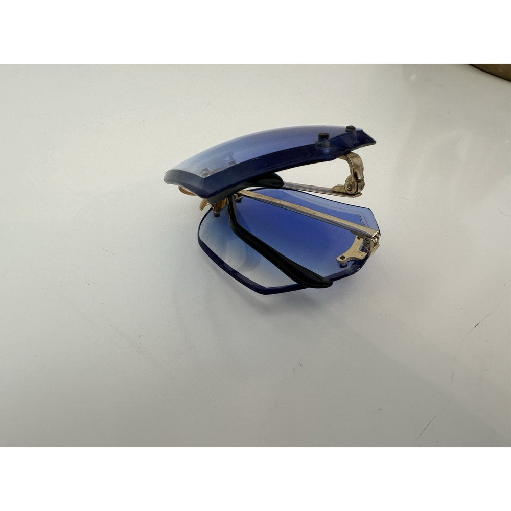 VINTAGE NEW 1970's Chrys Dior Gold Folding with Blue Lens Sunglasses & Case