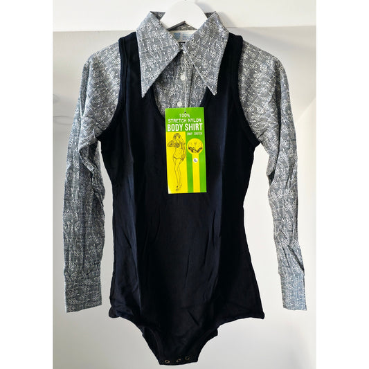 VINTAGE *NEW* 1970's Women's Black and White Bodysuit w/Pointed Collar Size L