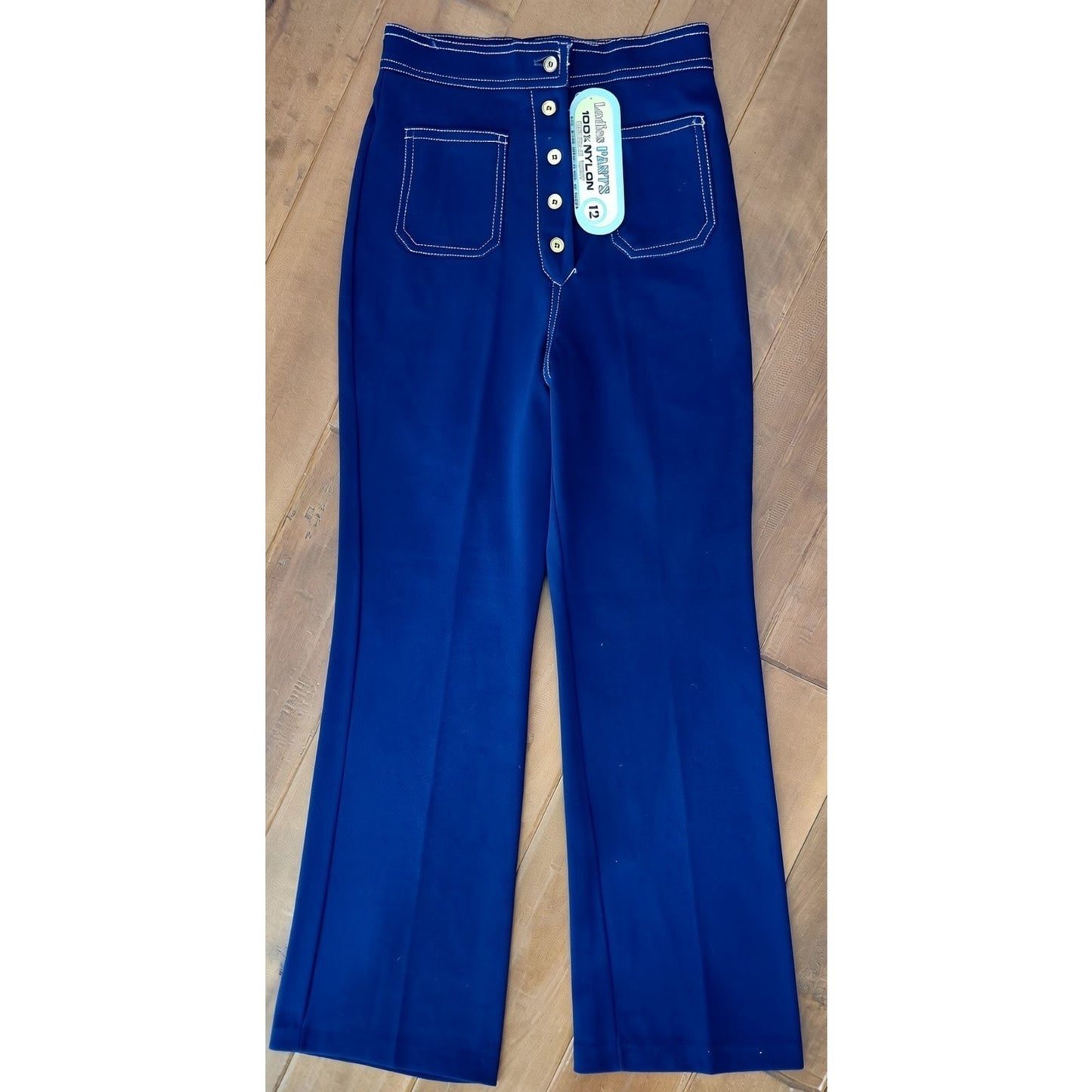 VINTAGE *NEW* 1960's Women's Blue w/White Stitching Flared Stretch Pants Size 12