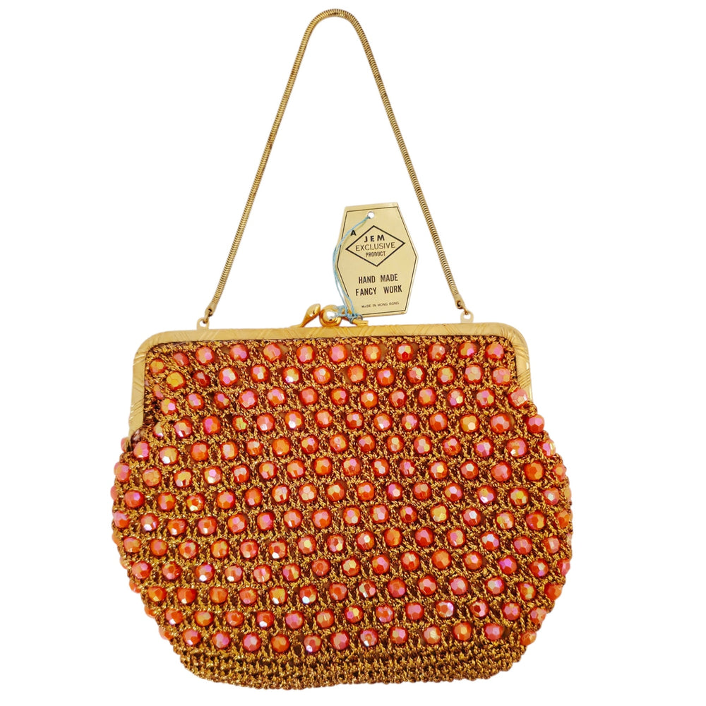 VINTAGE *NEW* 1960's Hand-Made Fancy Beaded Purse Pink with Gold Strap