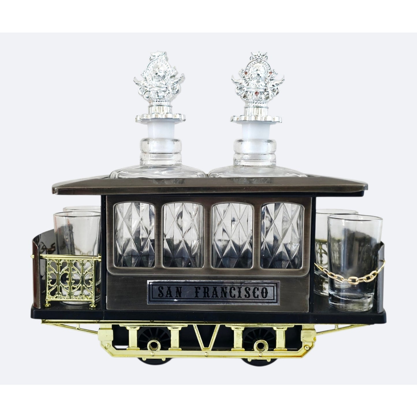 VINTAGE *NEW* 1950's Decanter Music Box San Francisco Train Car w/4 Shot Glasses