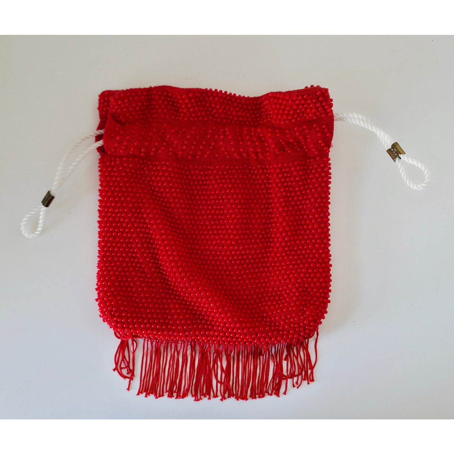VINTAGE *NEW* 1960's Red  Beaded Drawstring Cinch Purse with Fringe