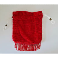 VINTAGE *NEW* 1960's Red  Beaded Drawstring Cinch Purse with Fringe