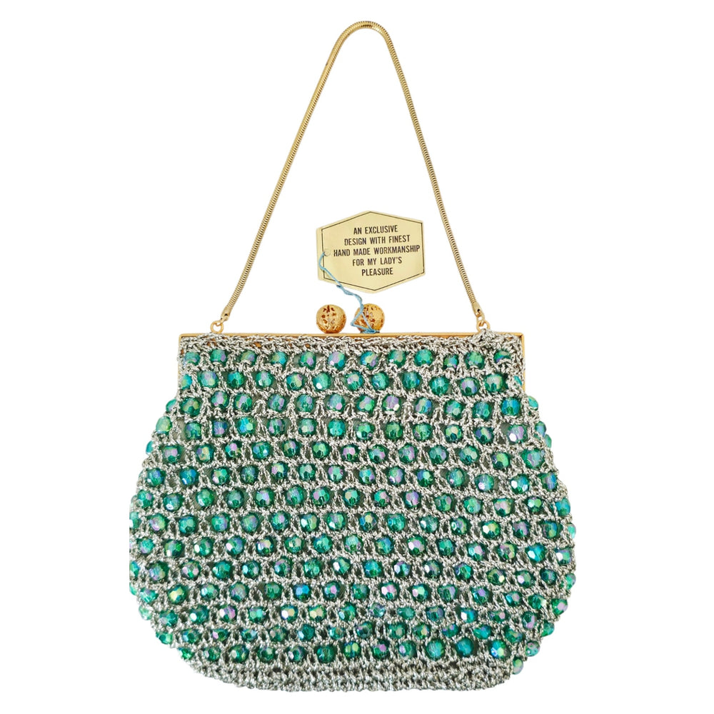VINTAGE *NEW* 1960's Hand-Made Fancy Beaded Purse Green & Silver w/Gold Strap