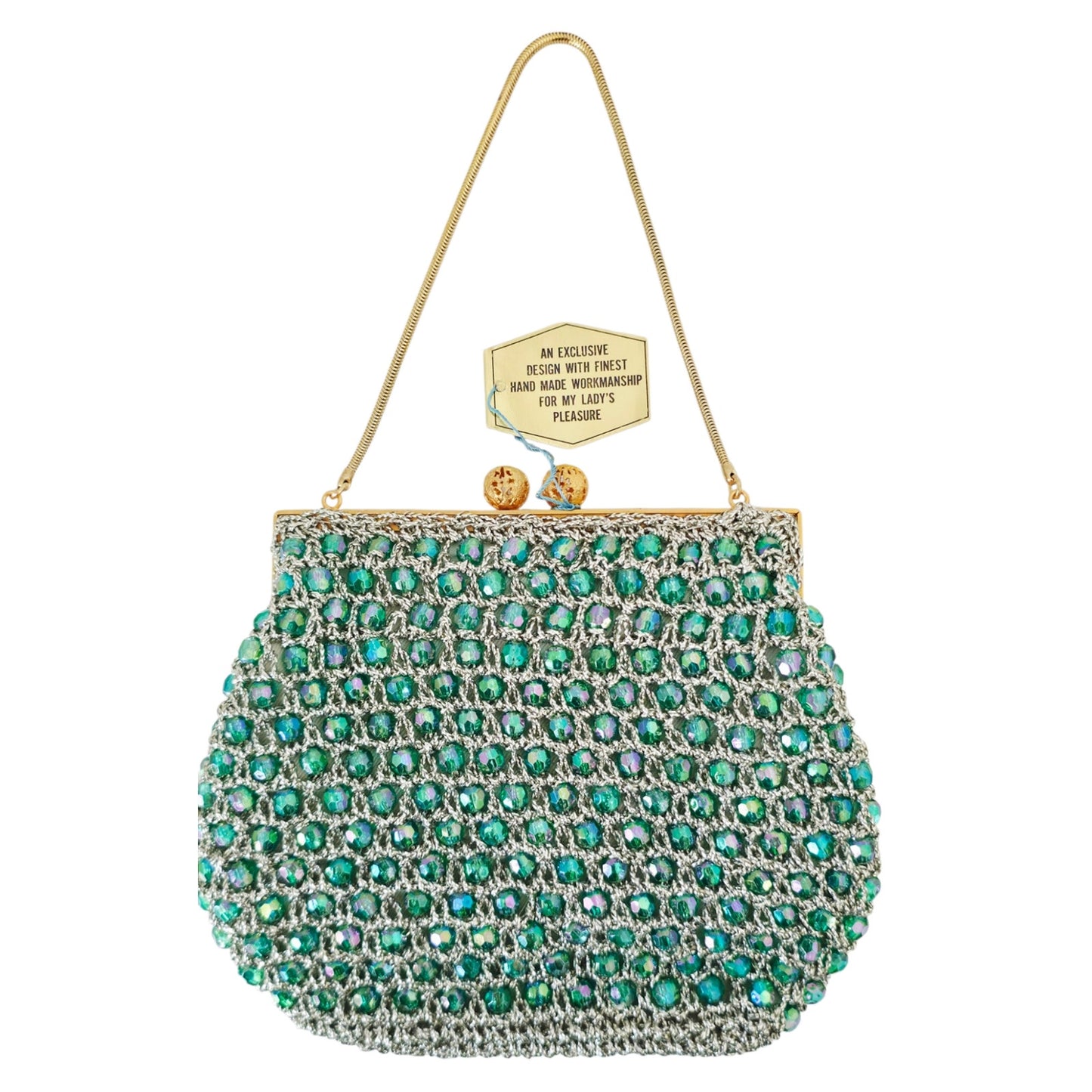 VINTAGE *NEW* 1960's Hand-Made Fancy Beaded Purse Green & Silver w/Gold Strap