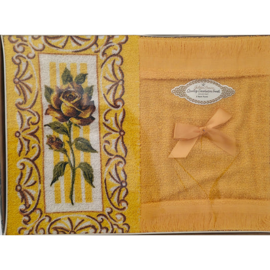 VINTAGE *NEW* 1960's Golden Crown Decorative Guest Towels Yellow with Flowers Set 2