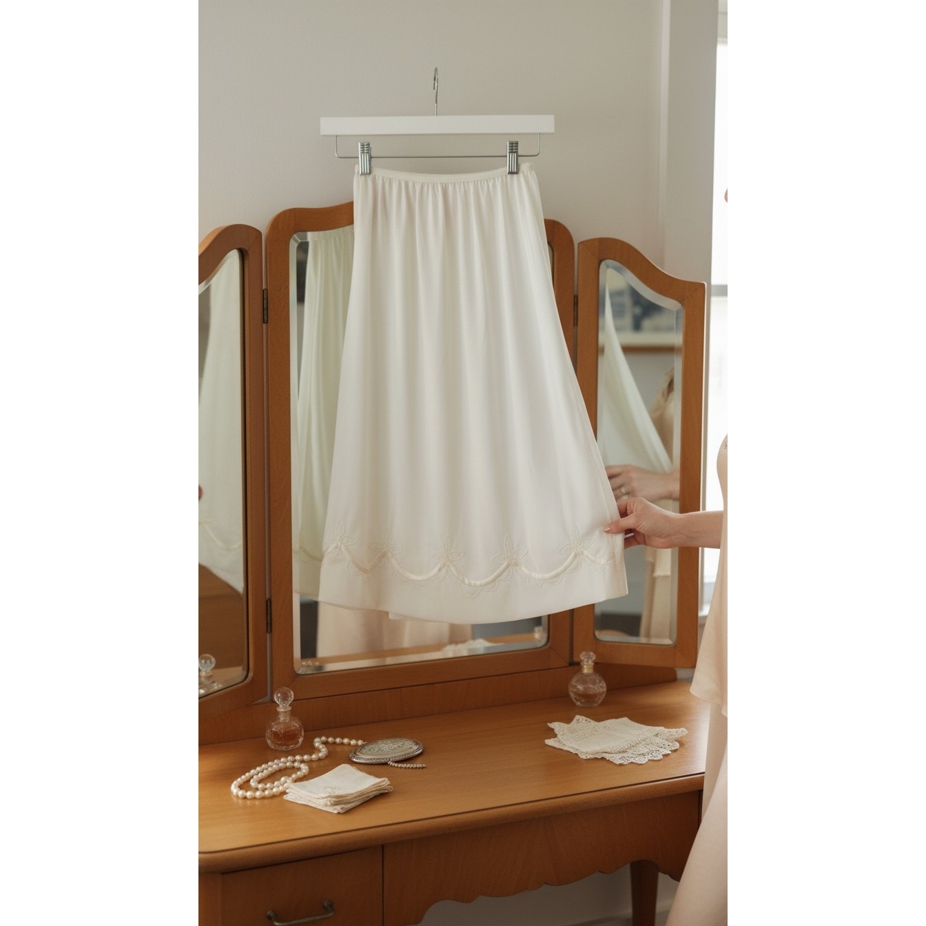 VINTAGE *PRISTINE* 1960's Women's Off-White Slip Skirt with Piping Size S
