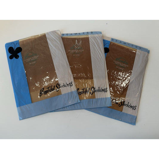 VINTAGE *NEW* 1950's Hosiery Seamless 400 Ndl Flat Knit-Beigetone-Sz 10.5 X 3-Pack