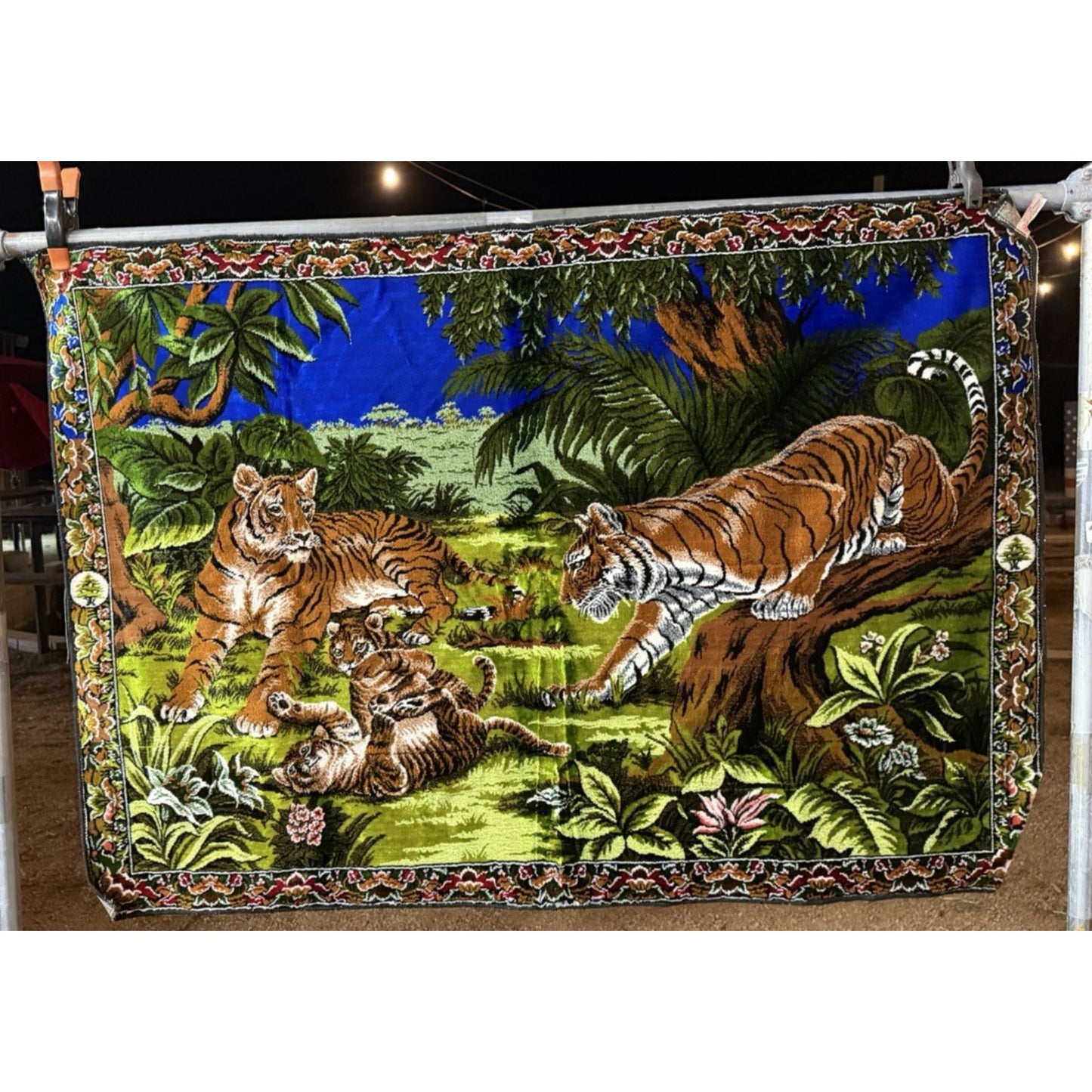 VINTAGE *PRISTINE* 1960's Tigers At Play Lebanese Velvet Tapestry