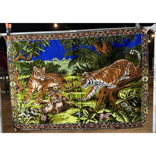 VINTAGE *PRISTINE* 1960's Tigers At Play Lebanese Velvet Tapestry