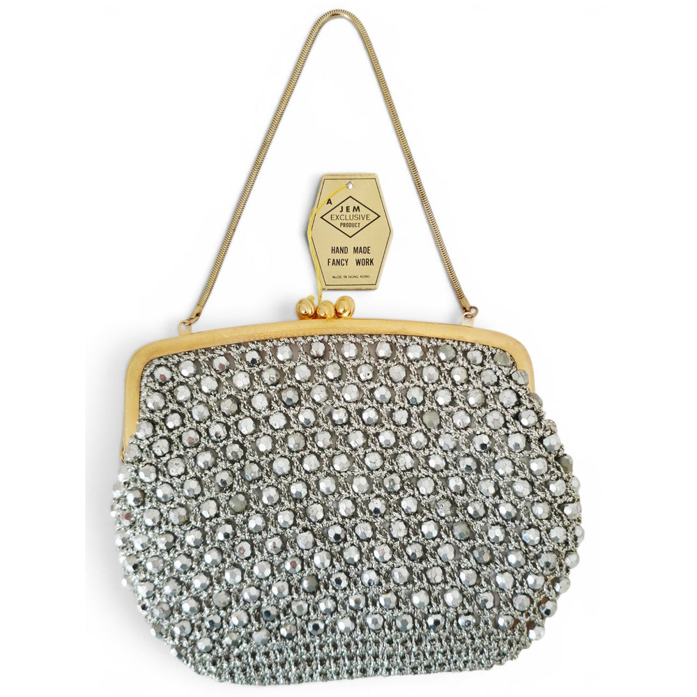 VINTAGE *NEW* 1960's Hand-Made Fancy Beaded Purse Silver with Gold Strap