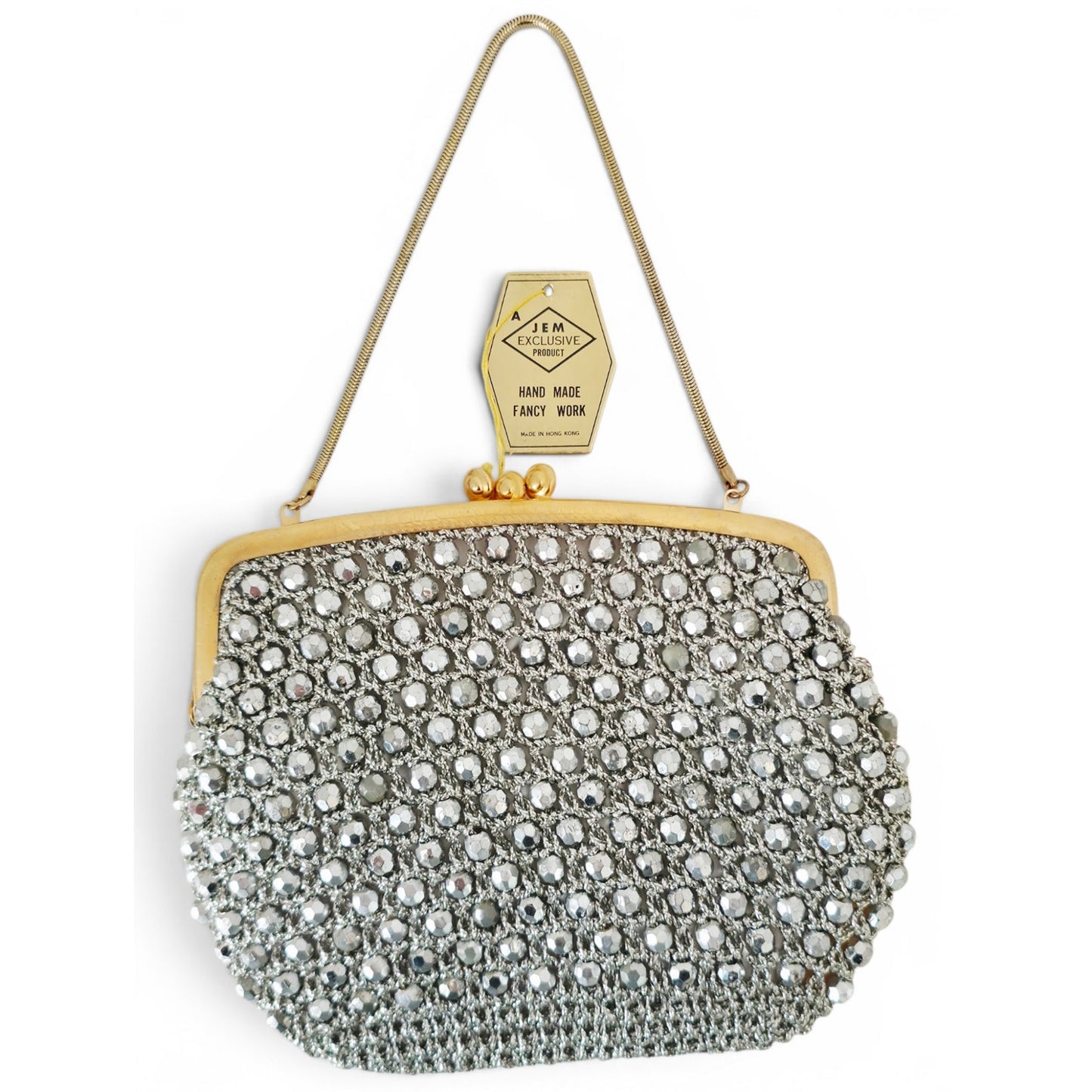 VINTAGE *NEW* 1960's Hand-Made Fancy Beaded Purse Silver with Gold Strap