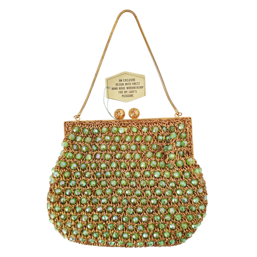 VINTAGE *NEW* 1960's Hand-Made Fancy Beaded Purse Green with Gold Strap