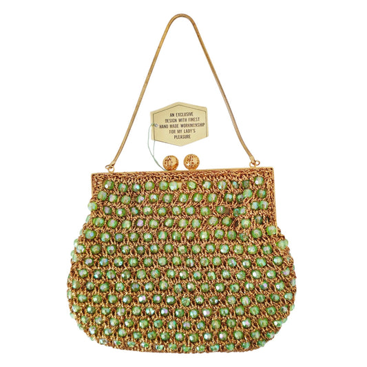 VINTAGE *NEW* 1960's Hand-Made Fancy Beaded Purse Green with Gold Strap