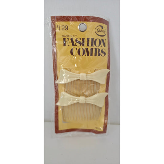 VINTAGE *NEW* 1975 Goody #8051 Bow Shaped Kant-Slip Fashion Combs Set of 2 Cream USA