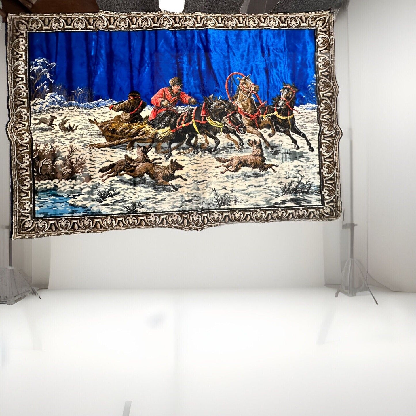 VINTAGE *NEW* 1960's "The Fight Through The Snow" Wall Art Rug / Tapestry