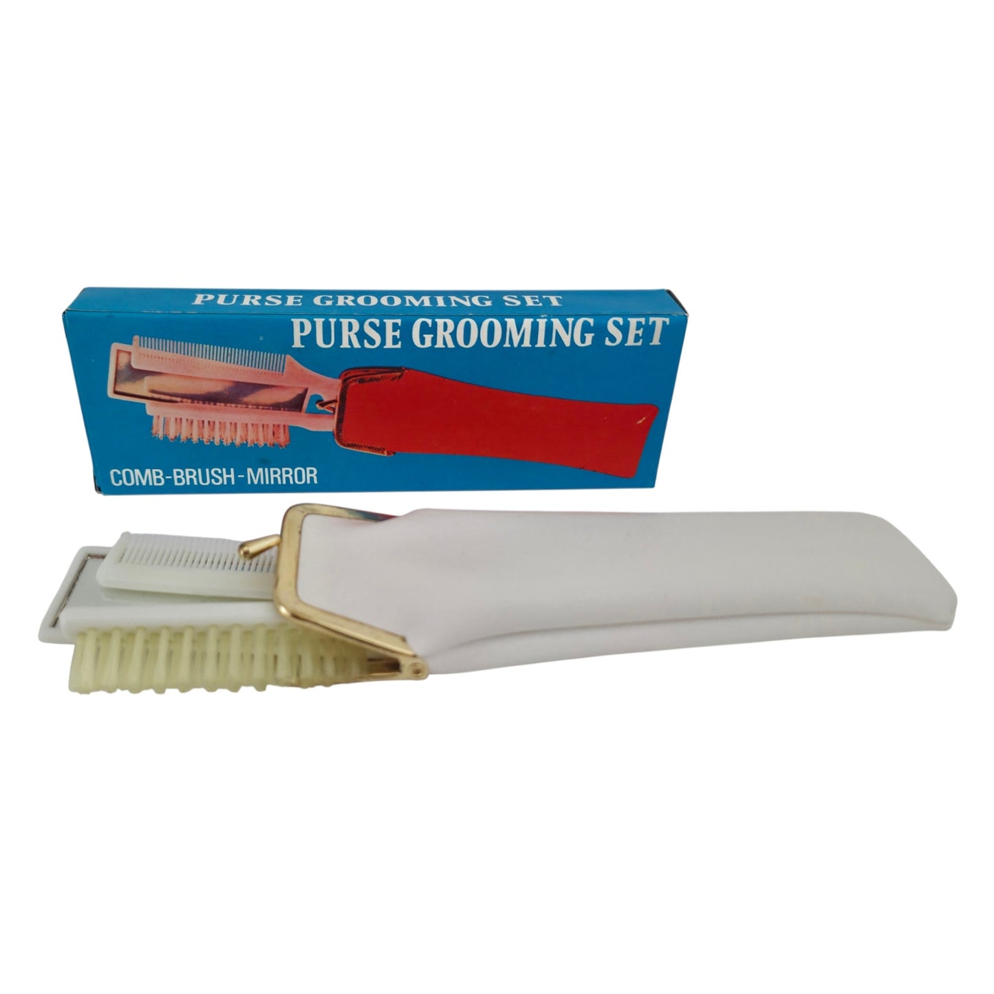 VINTAGE *NEW* 1970's Purse Grooming Set Brush Comb Mirror with Cream Case