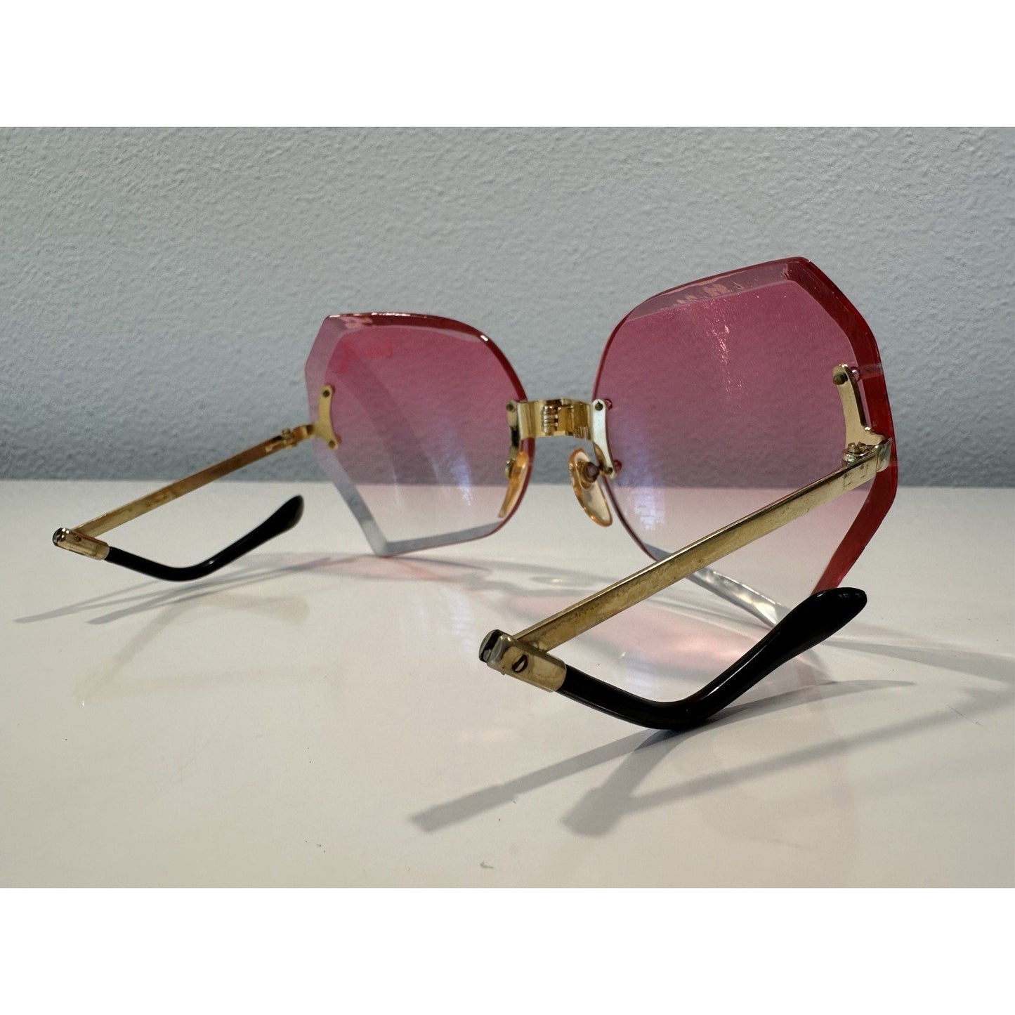 VINTAGE *NEW* 1970's Chrys Dior Gold Folding with Pink Lens Sunglasses & Case