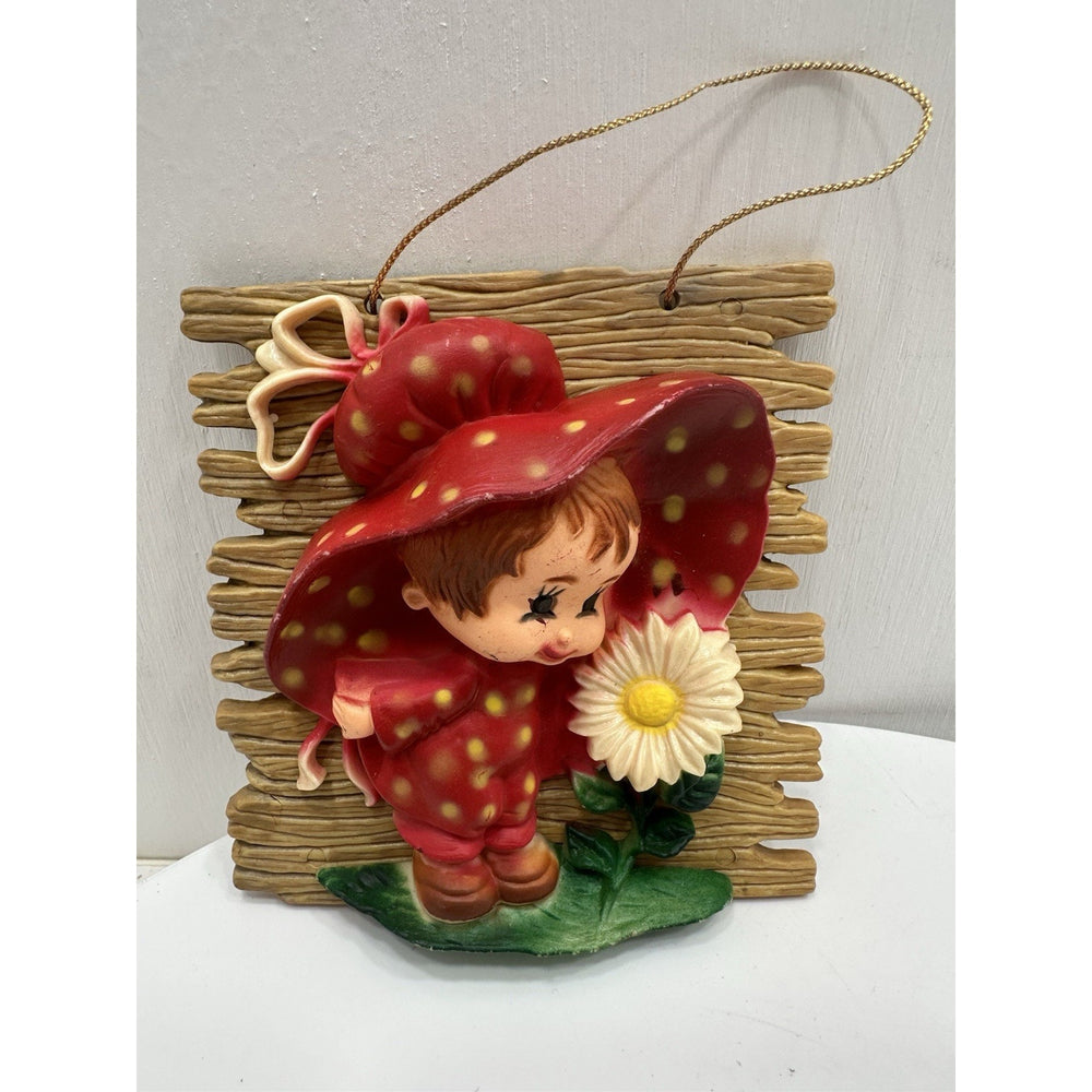 VINTAGE "NEW" 1974 Enesco Girl with Daisy/Swan Wall Plaques Set