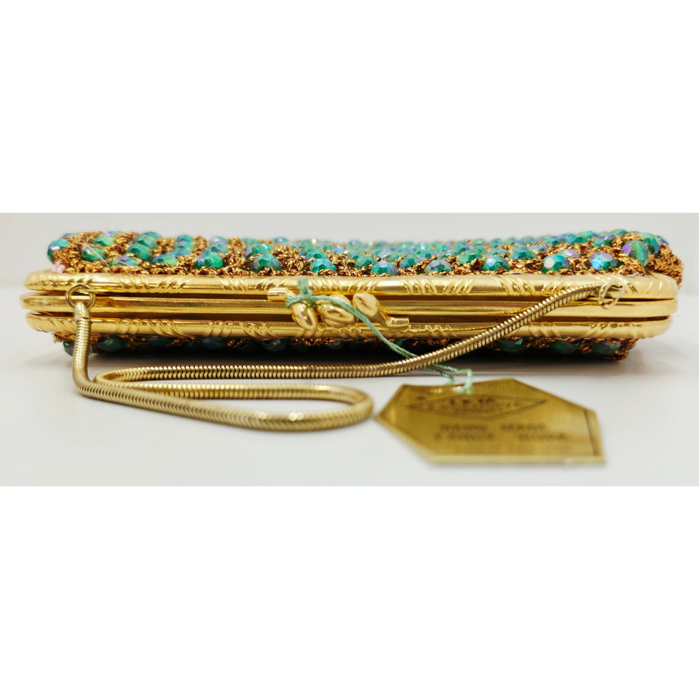 VINTAGE *NEW* 1960's Hand-Made Fancy Beaded Purse Bright Green with Gold Strap