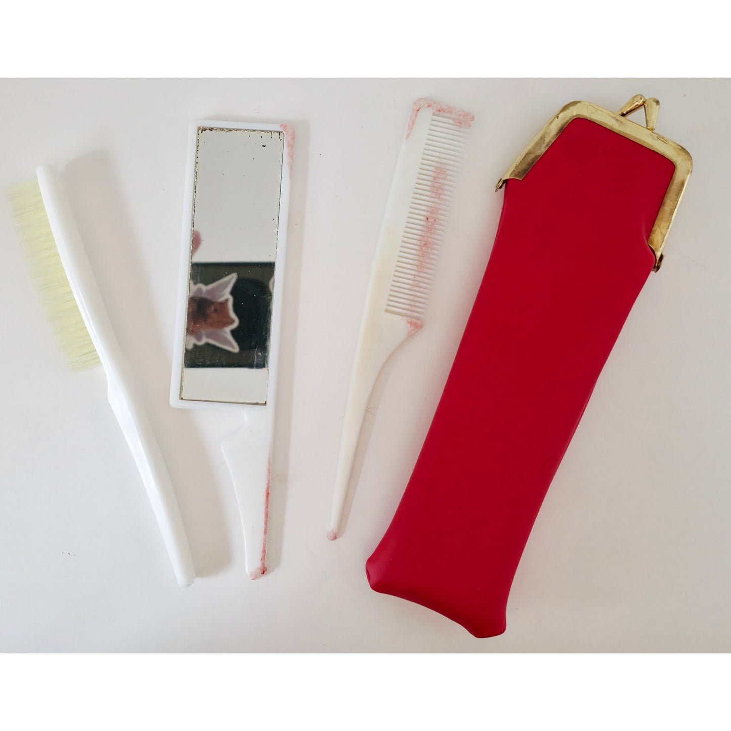 VINTAGE *NEW* 1970's Purse Grooming Set Brush Comb Mirror with Red Case