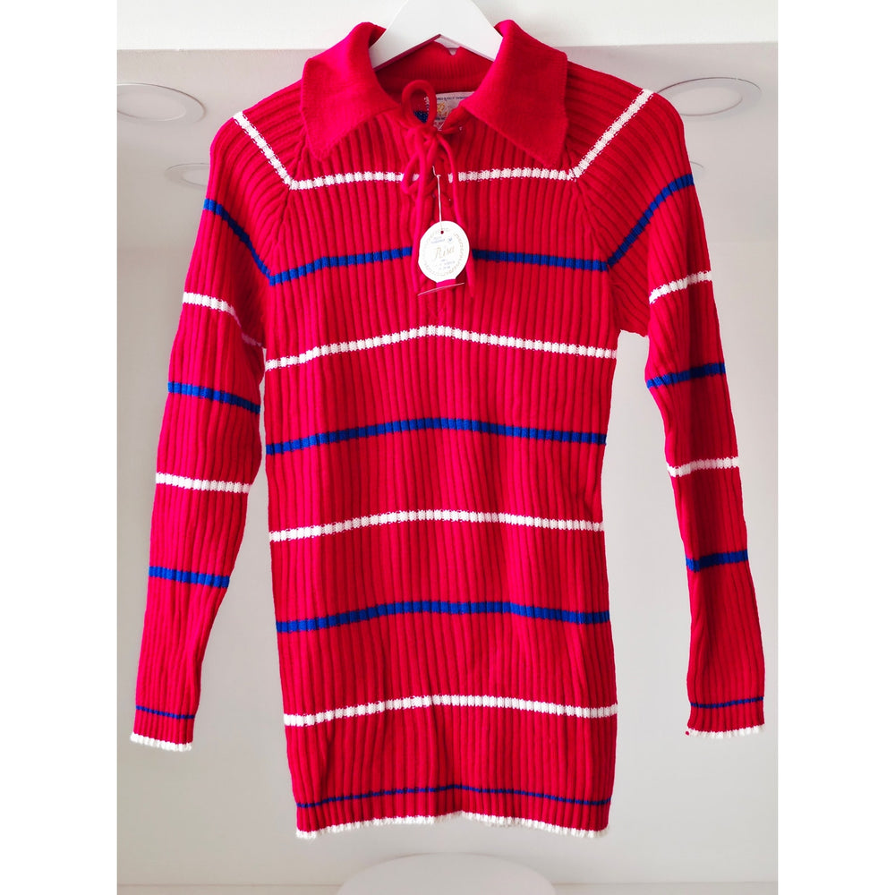 VINTAGE *NEW* 1970's Red Striped Women's Long Sweater 100% Acrylic Knit Size M